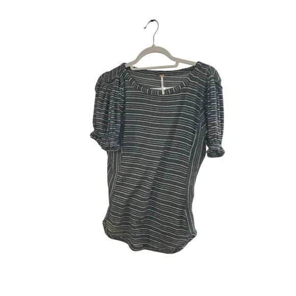 Free People Womens Striped Puff Sleeve Top Green XL - Picture 1 of 3
